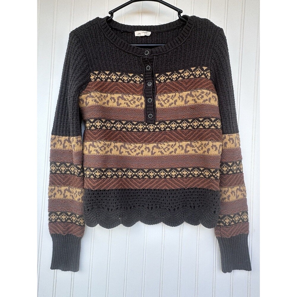 Mystree Women’s Medium Boho Knit Sweater Tribal Henley Long Sleeve Scalloped Hem